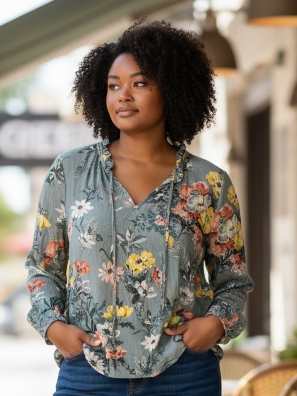 LOFT Green Floral Long-Sleeve V-Neck Blouse